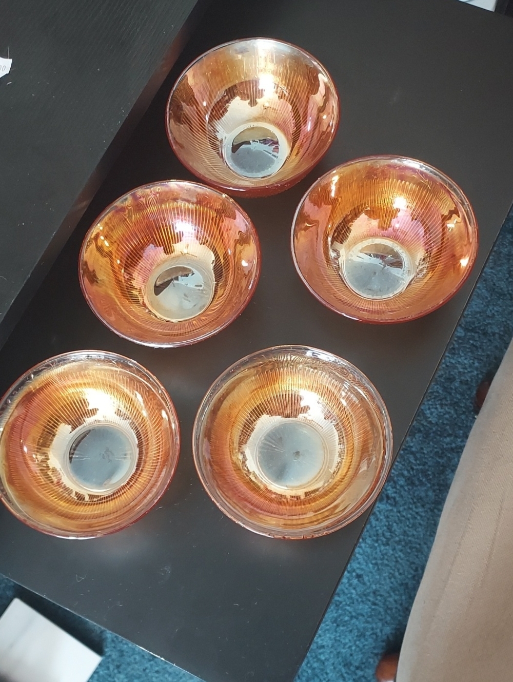 Iridescent Amber Carnival Glass Decorative Bowls - Set of 5